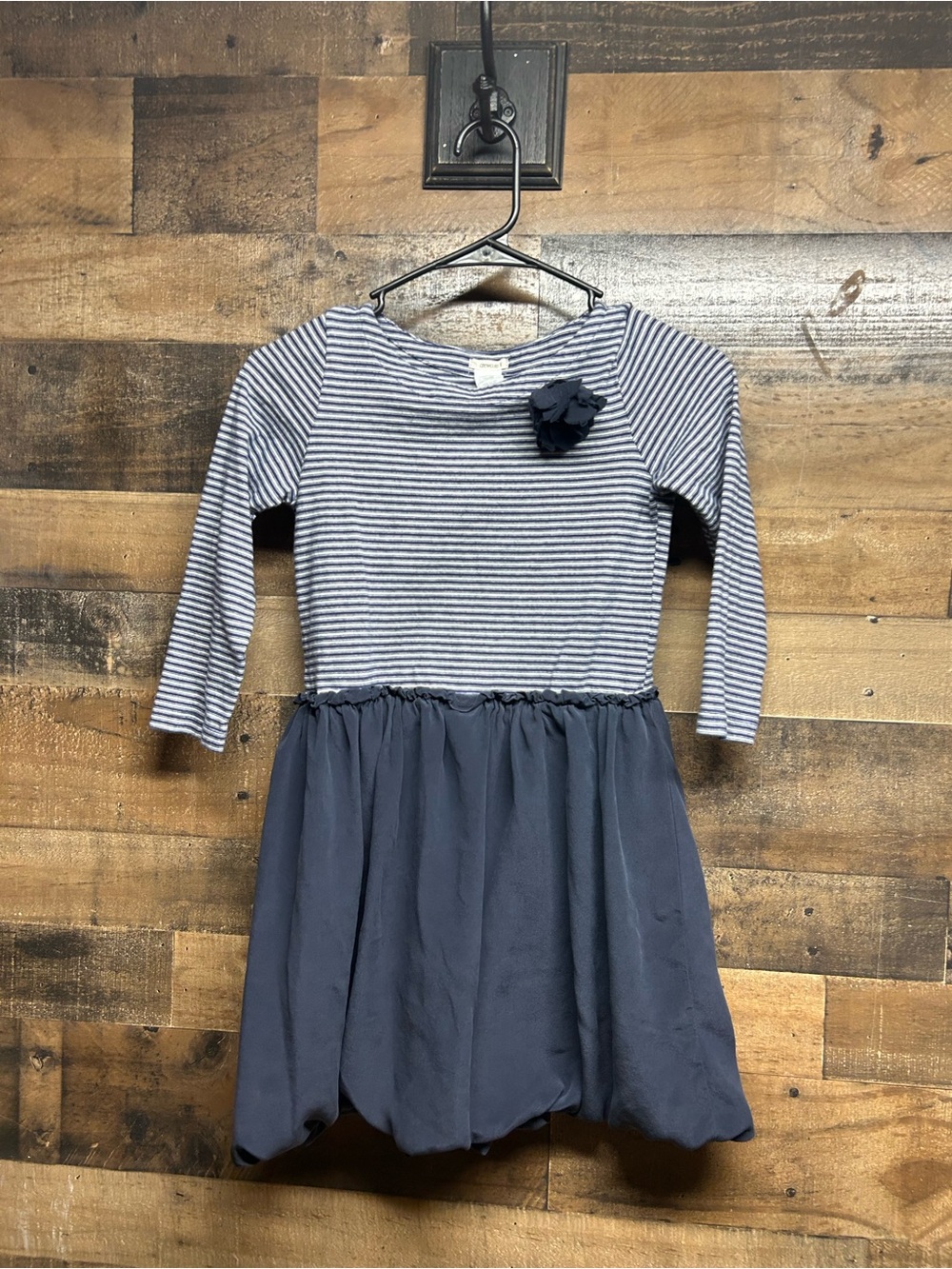 Crewcuts Navy and White Striped Long-Sleeve Dress with Navy Skirt